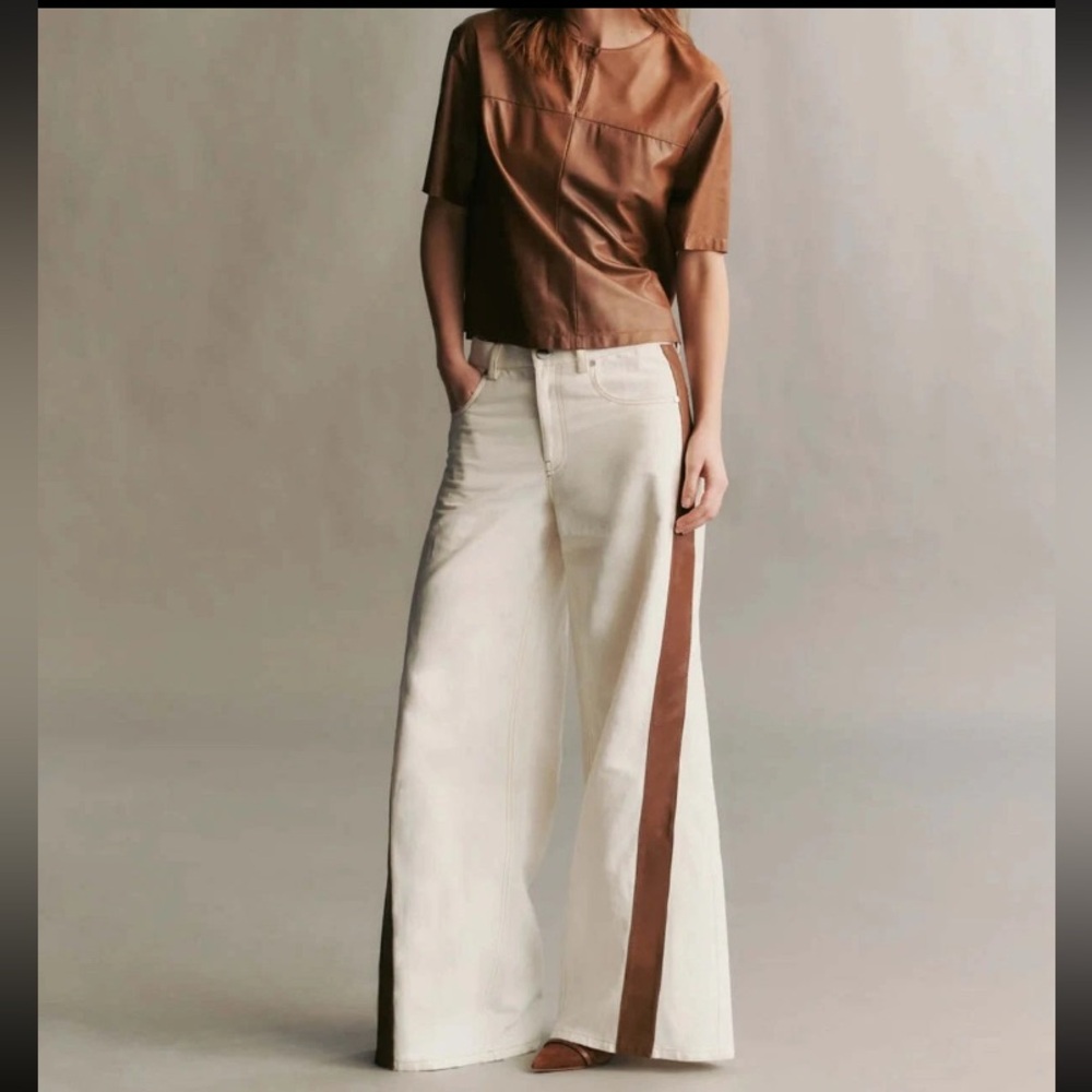 TWP Almost Famous Denim Wide Leg Jeans 26 White Cigar Brown Leather Trim